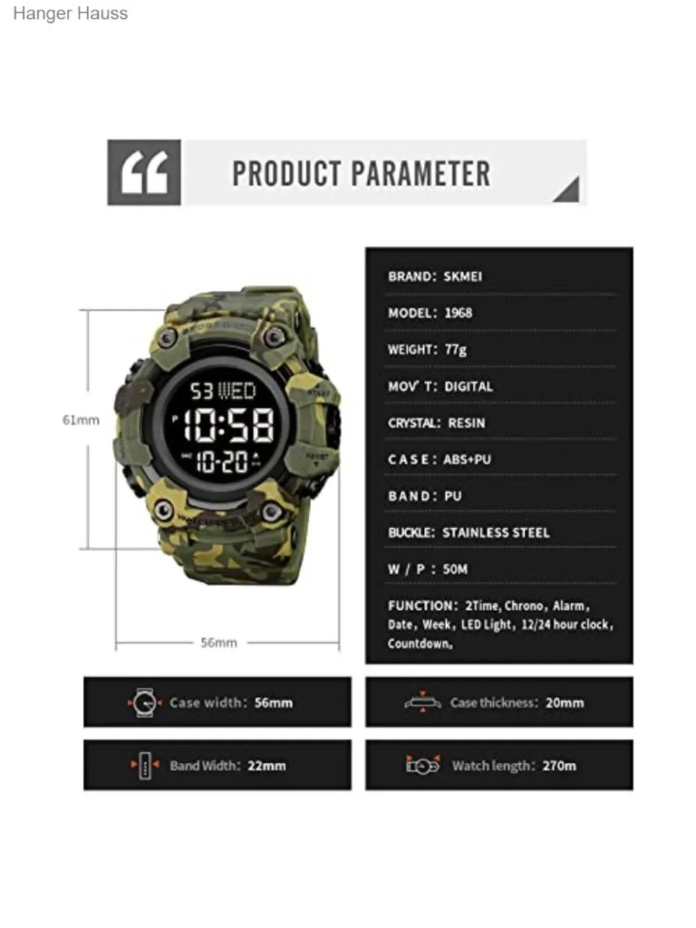 Men's Sport Watch Digital Stopwatch Countdown Waterproof 50m LED
